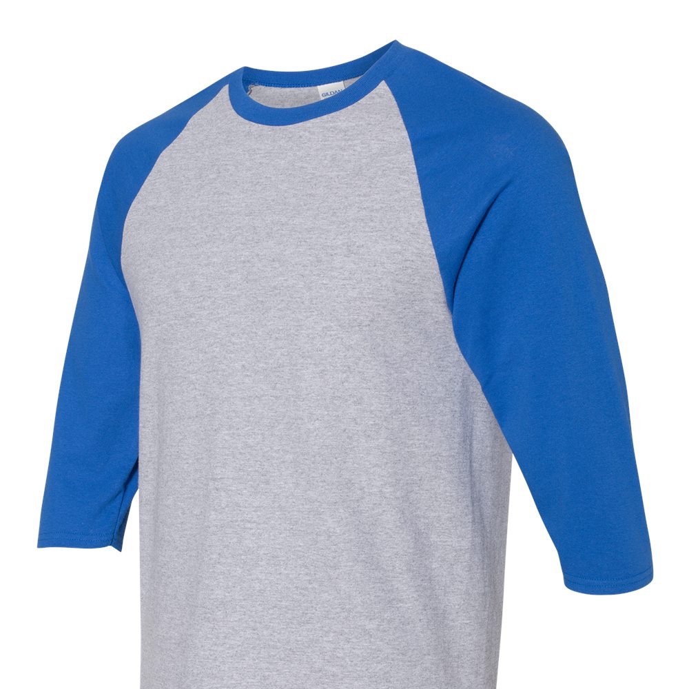Gildan Raglan 3/4 sleeve t shirt. Color: Sport Grey/Royal